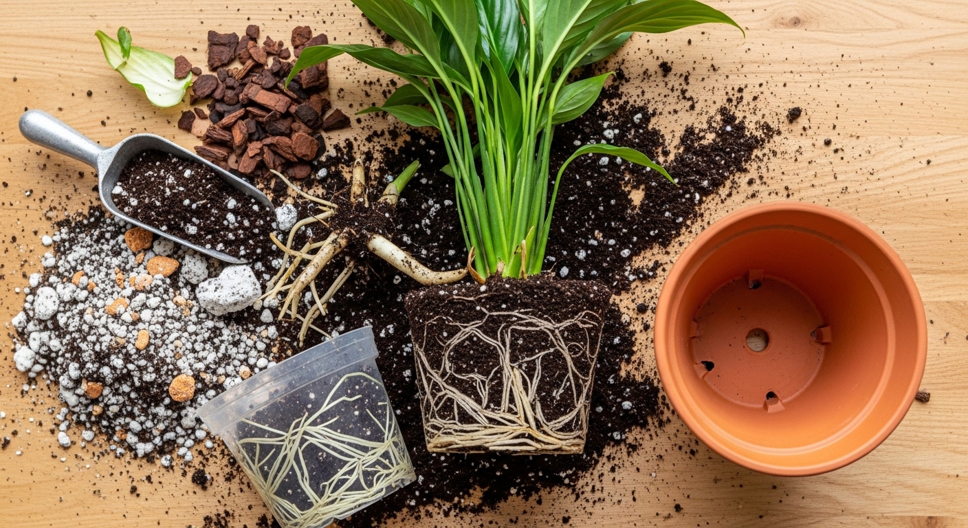 Peace lily root ball and repotting materials on a wooden potting bench
