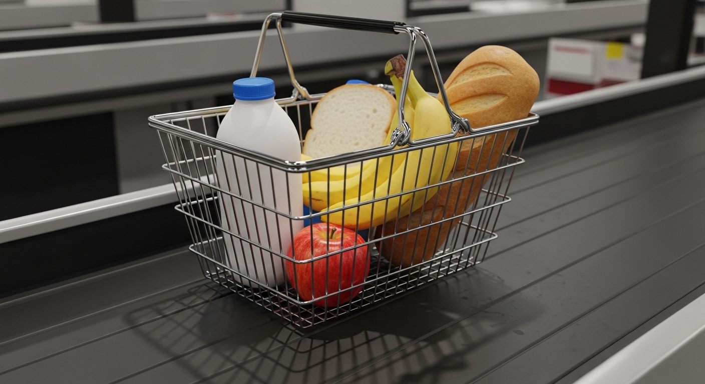 Shopping basket with basic groceries on checkout belt