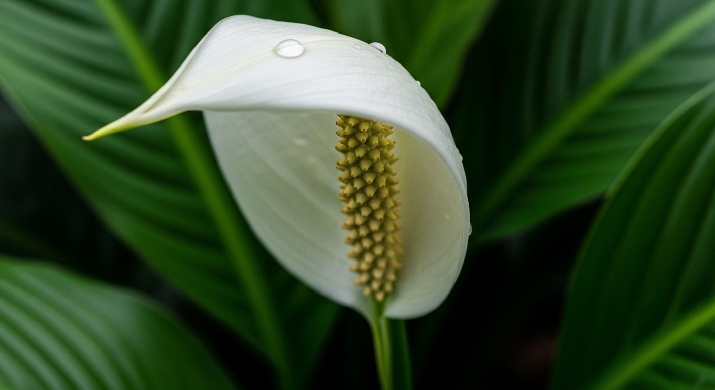 Close-up of peace lily spathe and spadix in full bloom