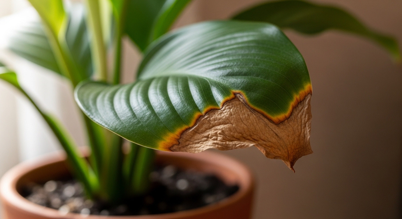 Peace lily leaf with brown crispy tips in natural indoor light