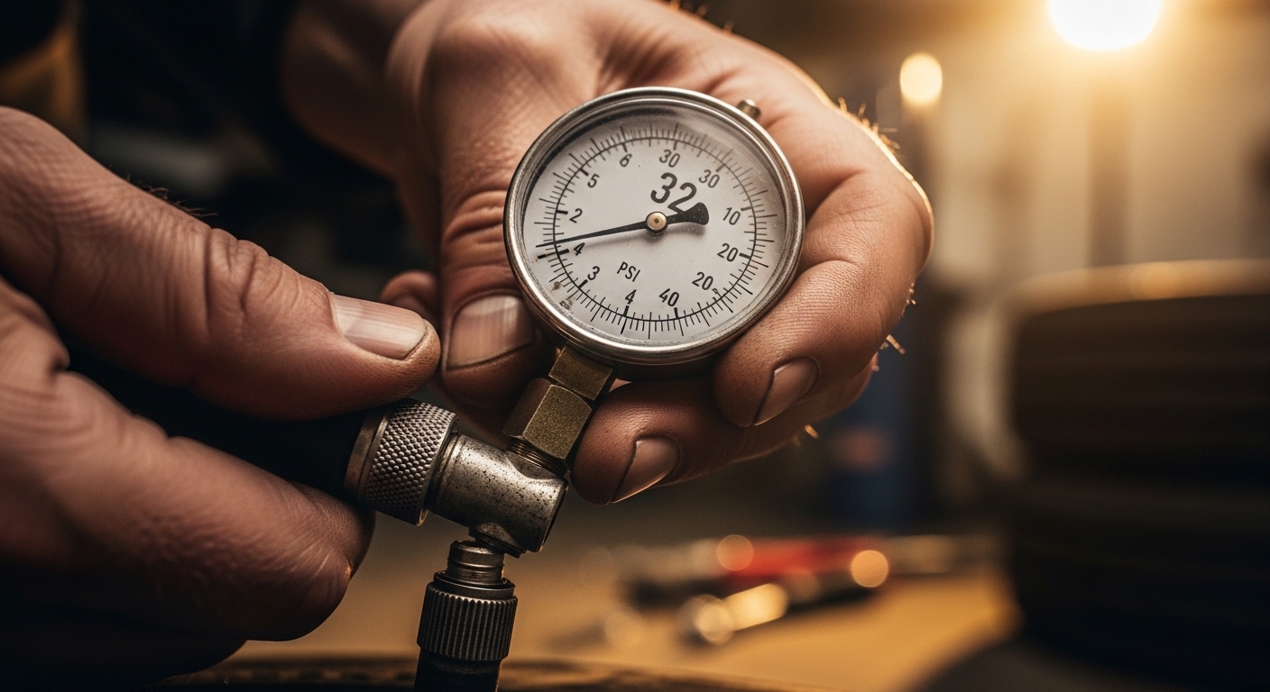 Tire pressure gauge on valve stem close-up