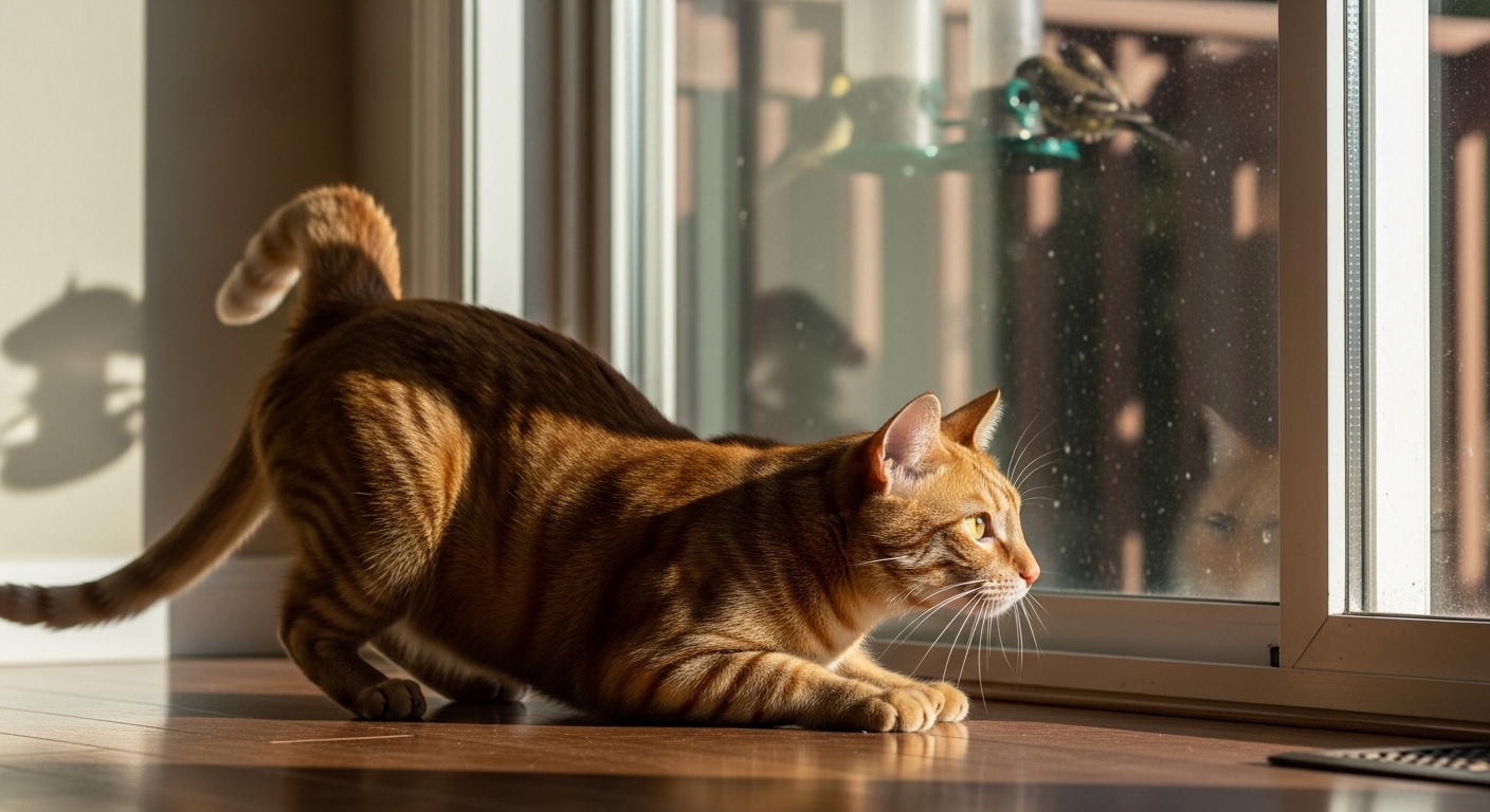 orange tabby in stalking posture watching bird feeder through glass door