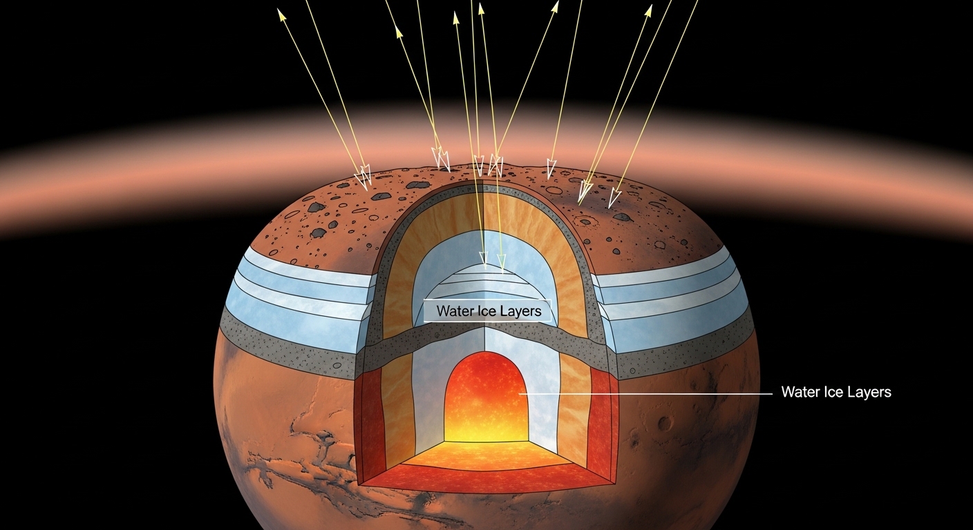 Diagram lapisan es bawah tanah Mars dan radiasi atmosfer