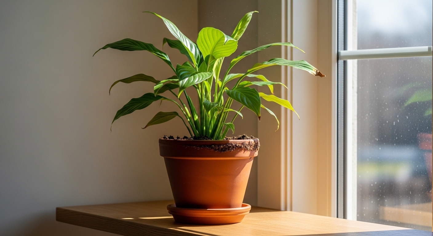 Peace lily on a shelf in indirect morning light near an east-facing window