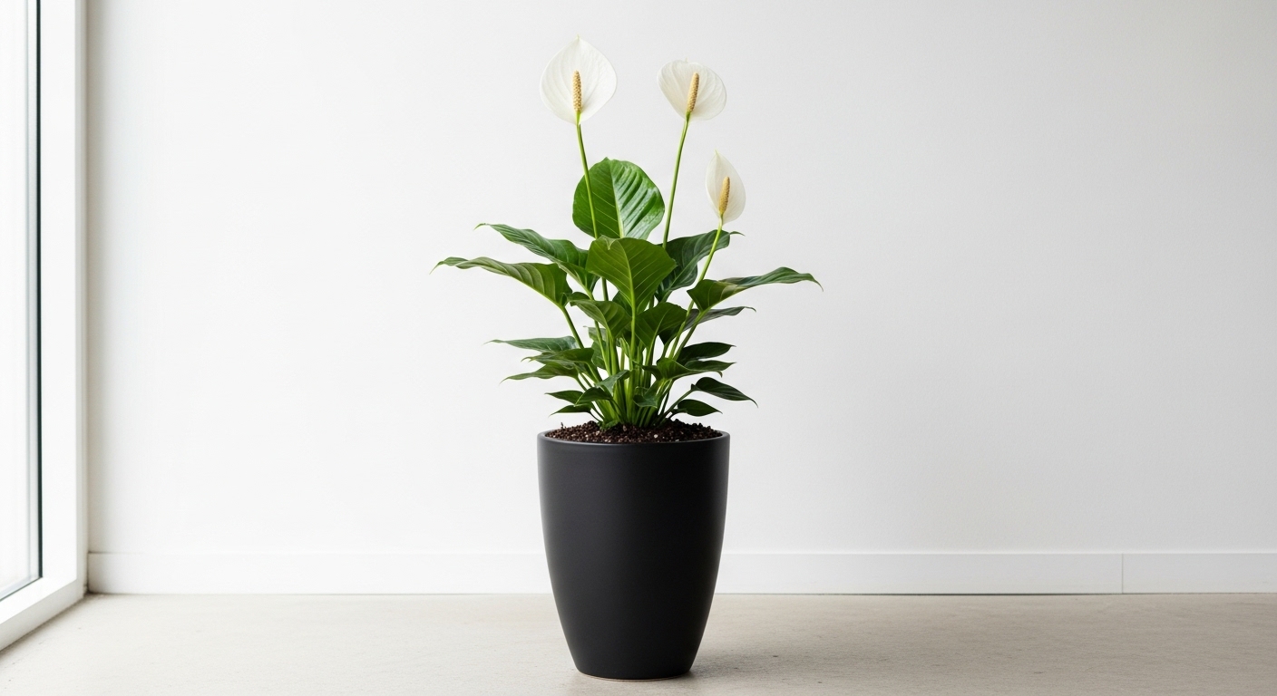 Peace lily with two white blooms in a matte black pot against a white wall