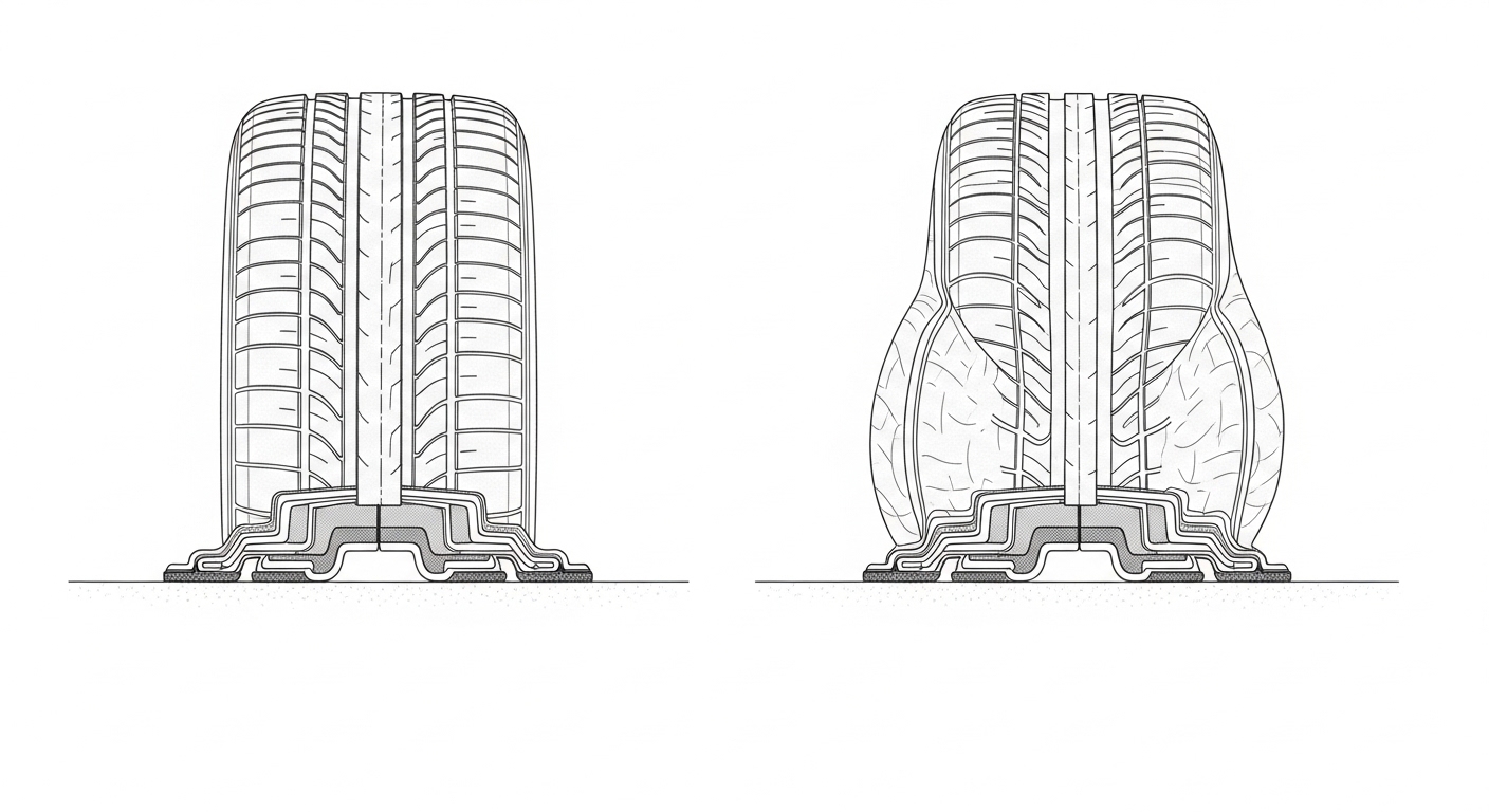 Diagram comparing inflated vs underinflated tire contact