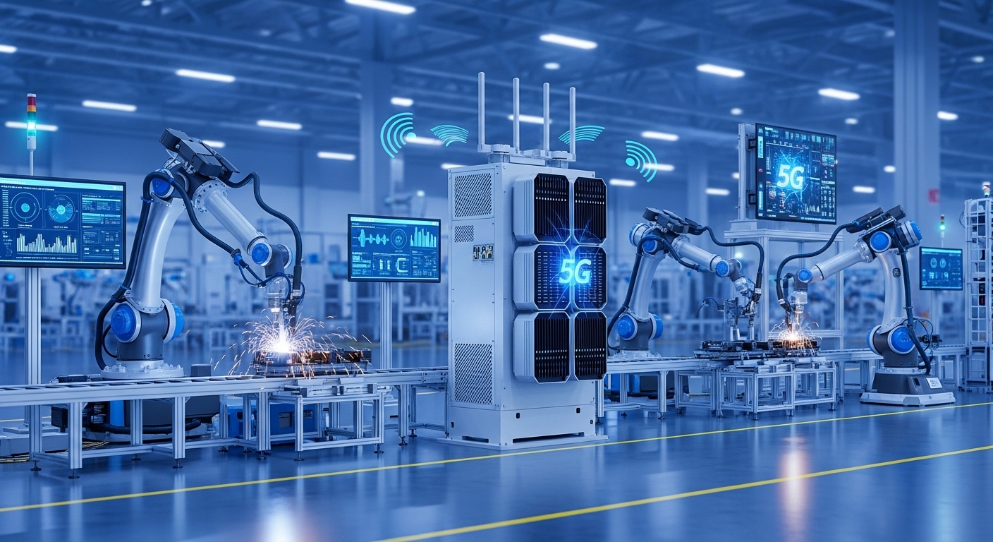 Robots industriels connectés via réseau 5G dans une usine moderne