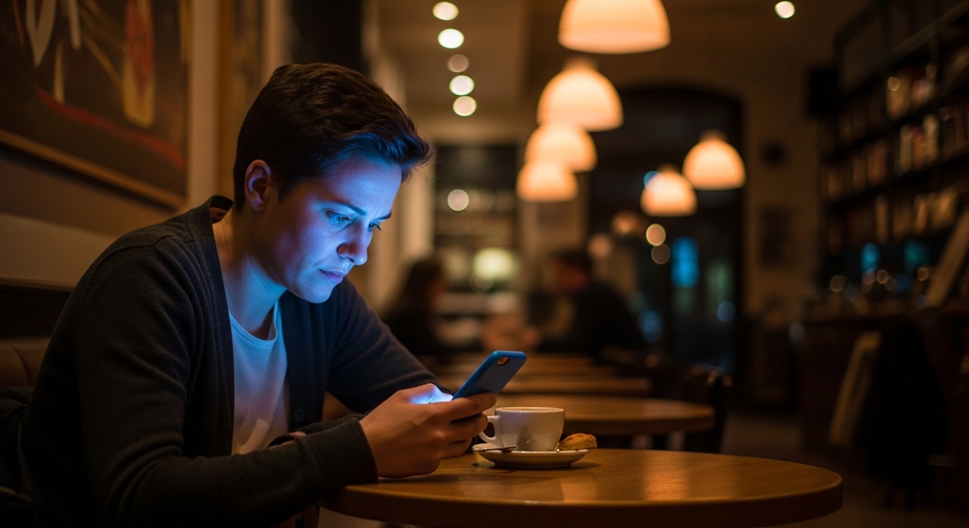 Seseorang memeriksa kondisi HP di kafe