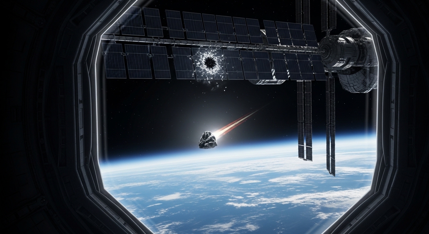 Space station with debris passing close by