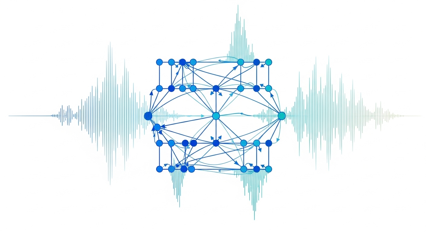 Neural network diagram overlaid with audio waveforms