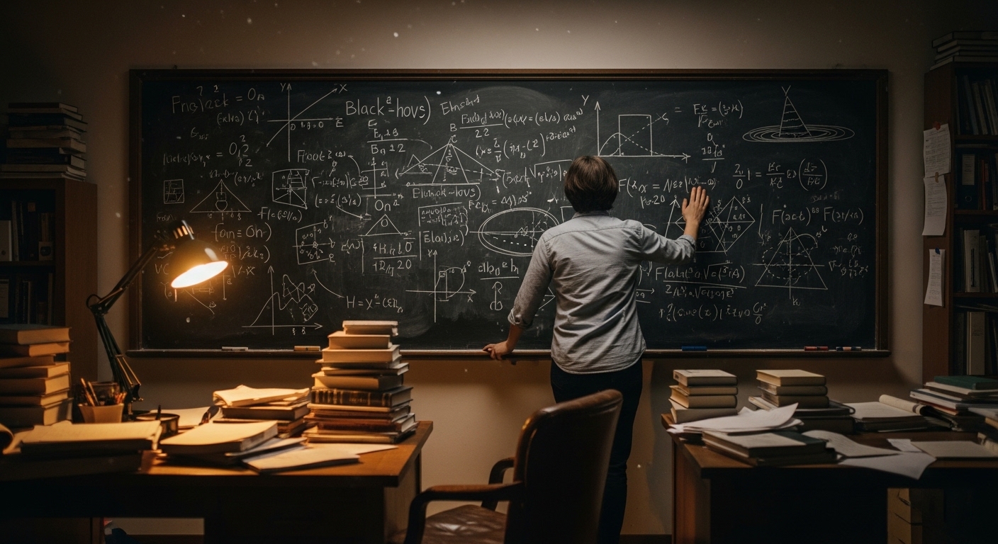 Physicien devant un tableau d'équations sur les trous noirs