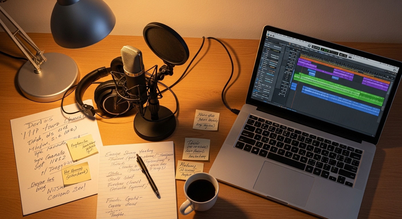 Overhead view of audio production setup with microphone and laptop