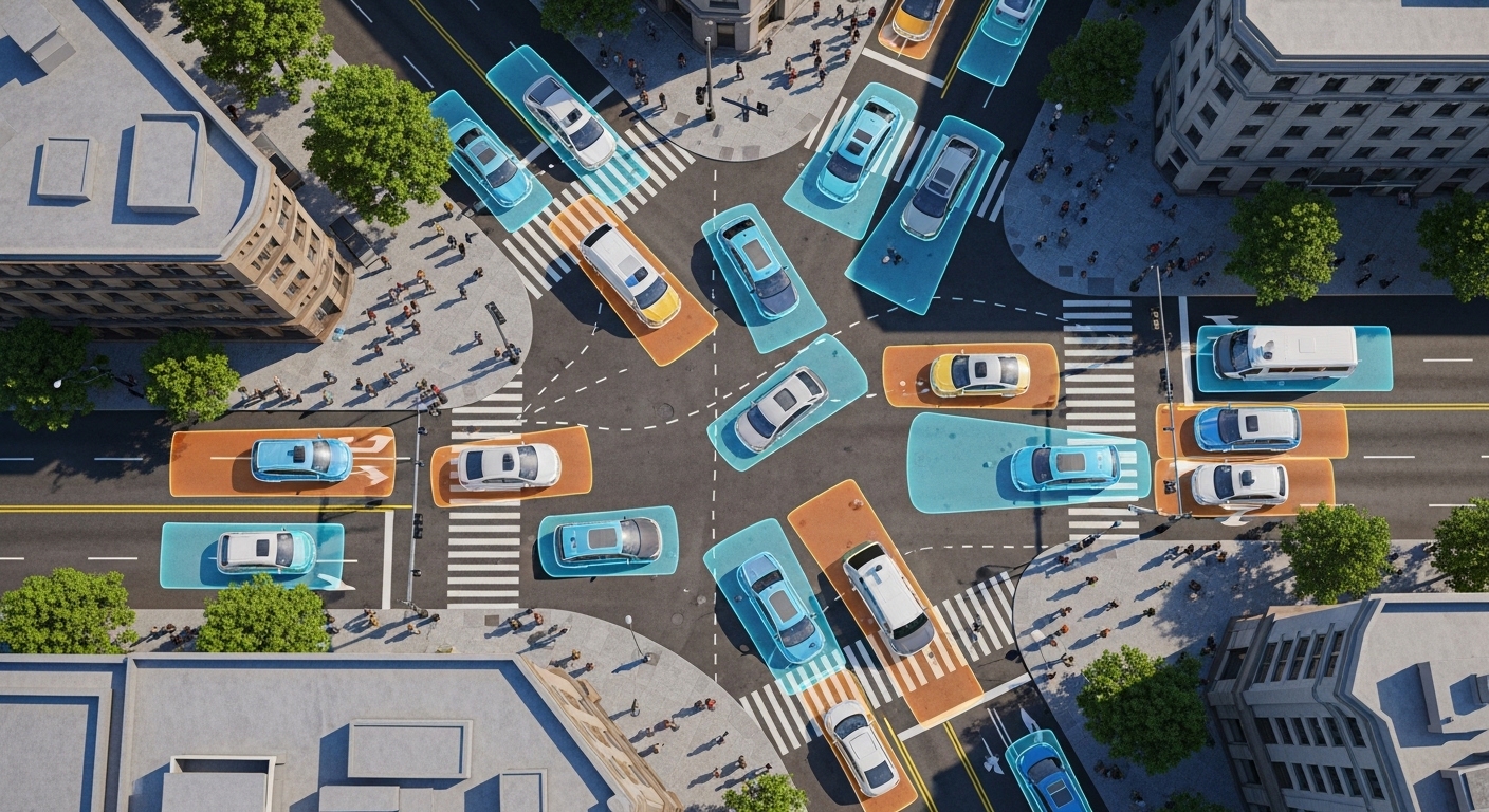 Overhead view of autonomous vehicles at urban intersection