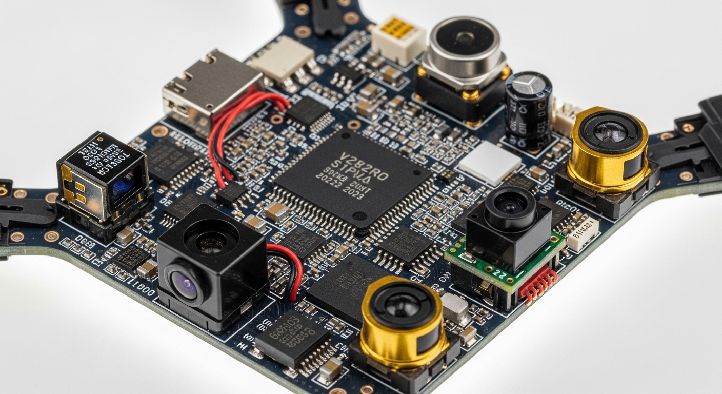 Placa de circuito de un dron pequeño con sensores y chips