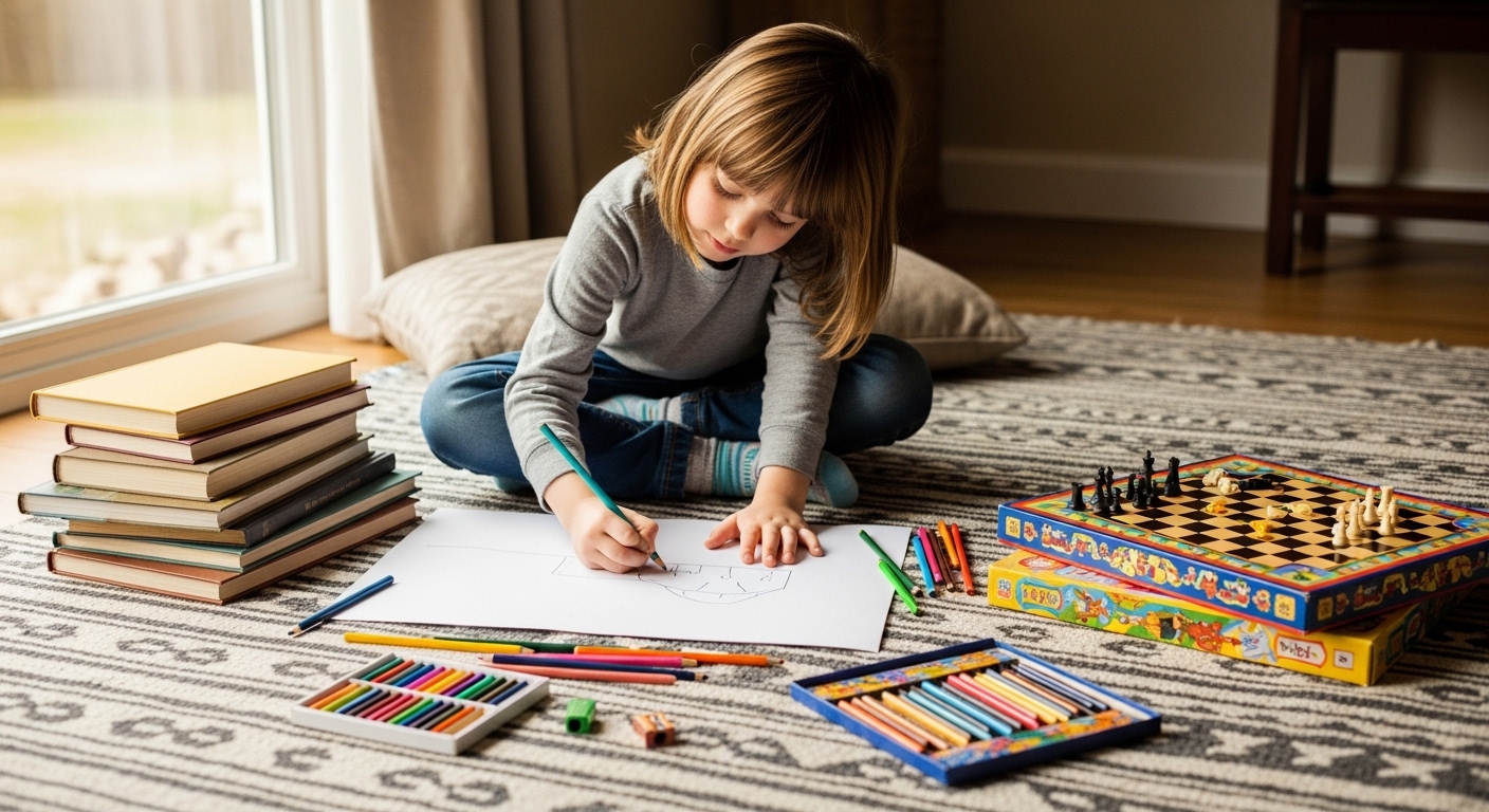 Child drawing with art supplies instead of using screens