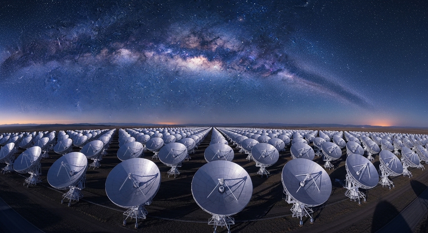 Réseau de radiotélescopes pointés vers le ciel nocturne