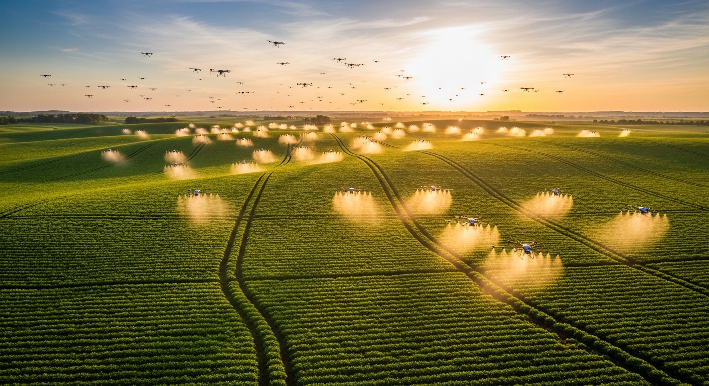 Enjambre de drones agrícolas sobre campo de cultivo al atardecer