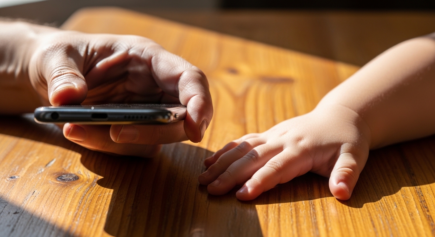Adult and child hands beside a face-down phone