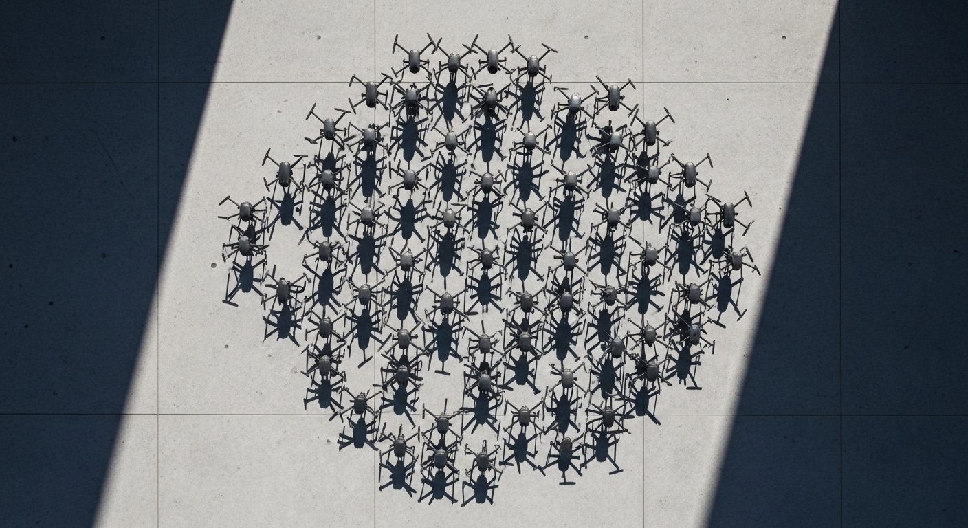 Vista cenital de drones en formación hexagonal perfecta