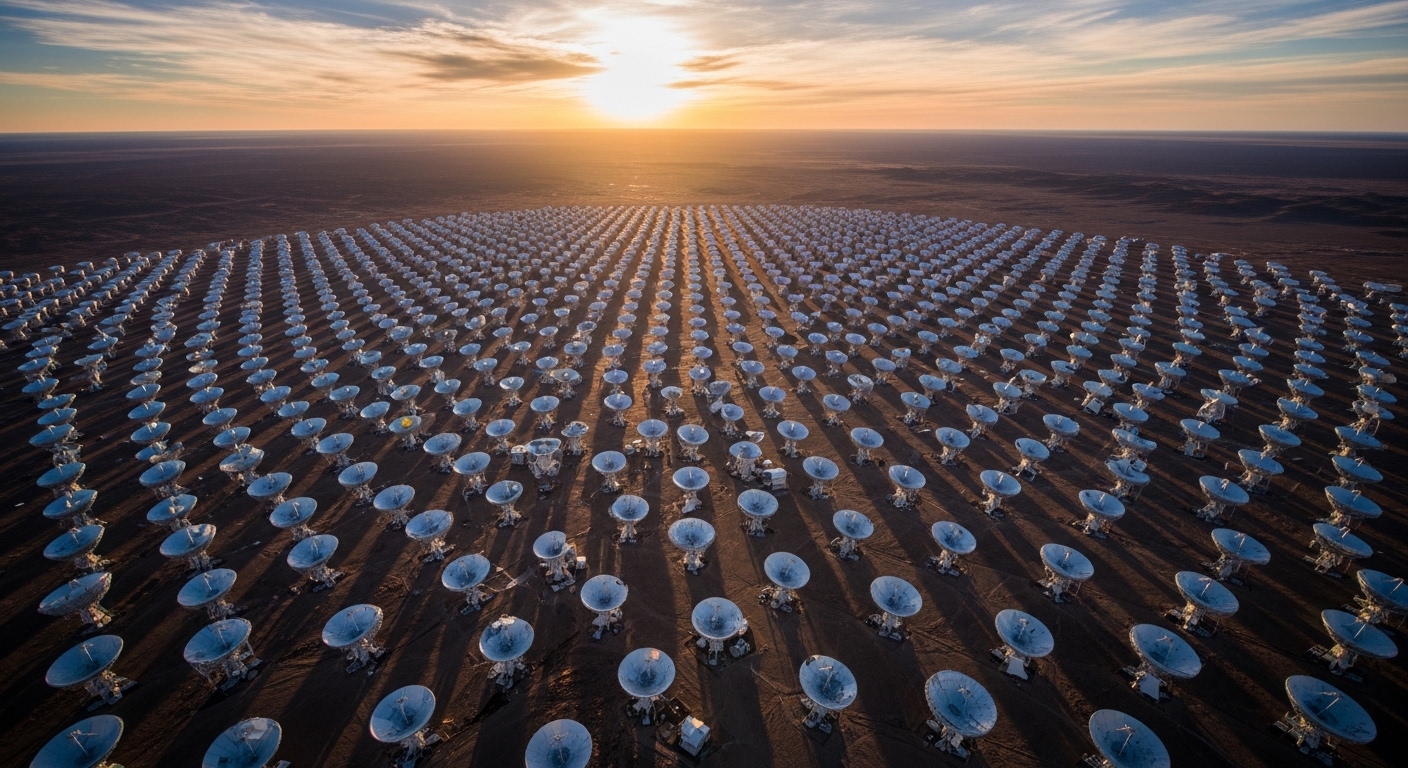 Aerial view of radio telescope array in desert