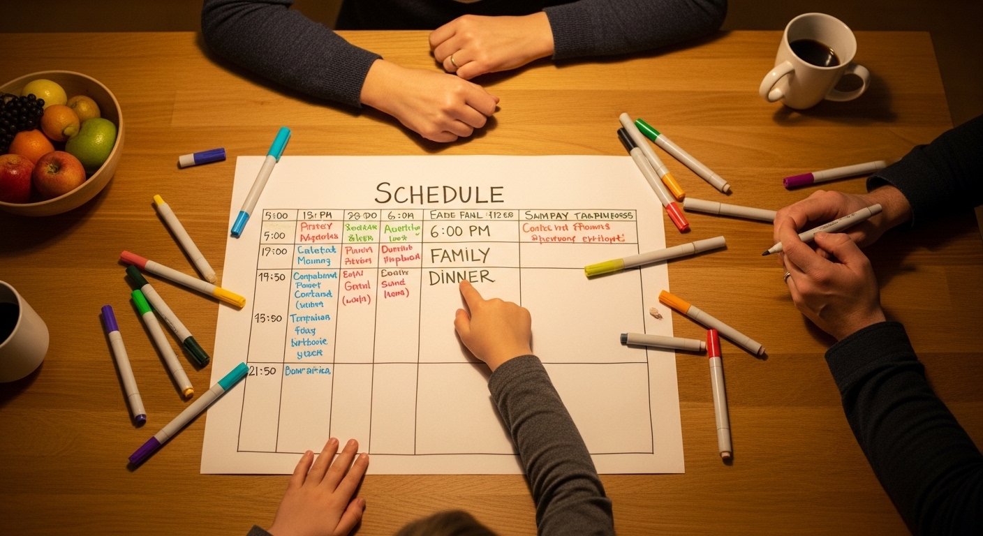 Family creating a screen time schedule together