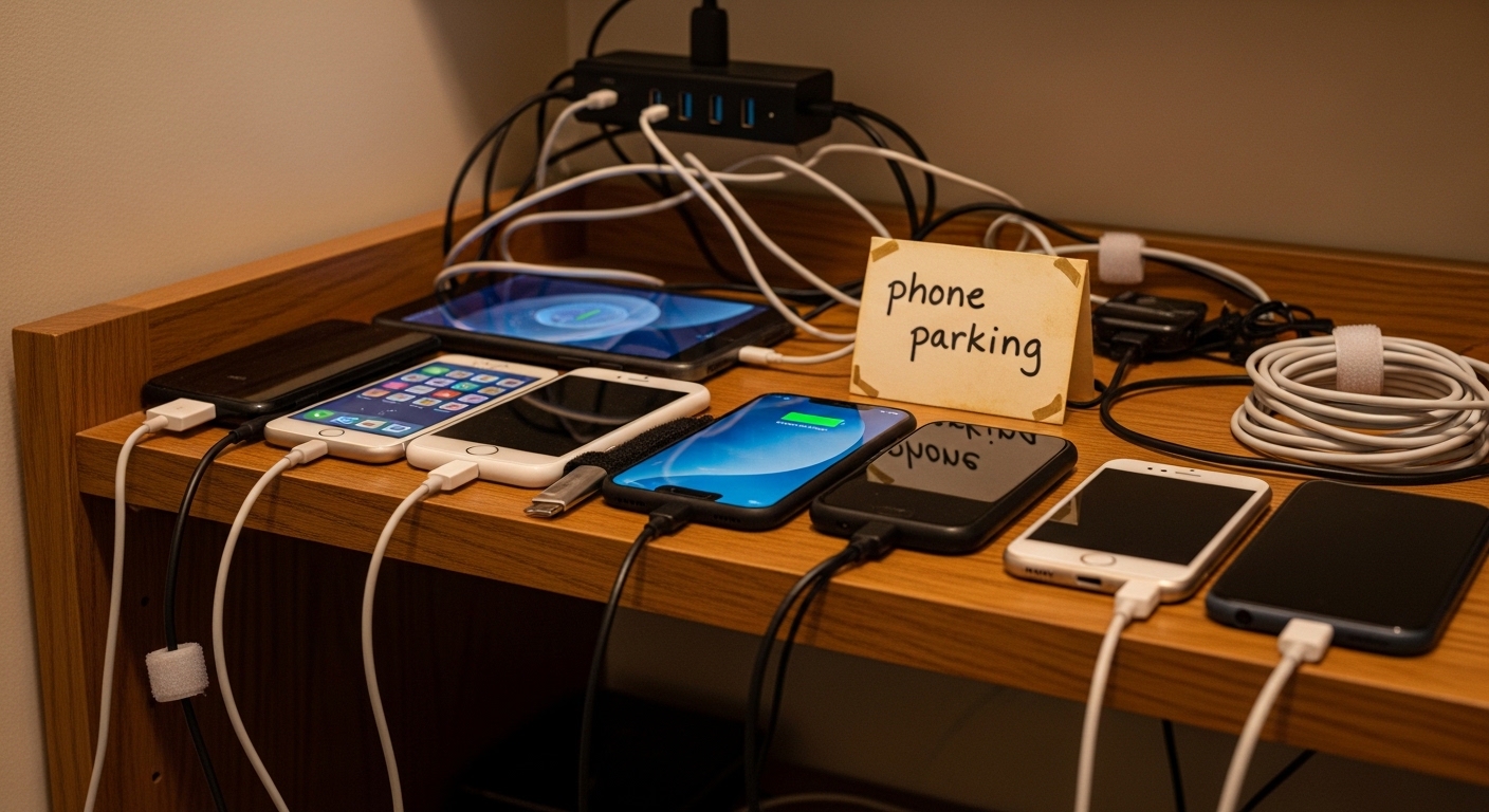 Family device charging station with phones parked for the night