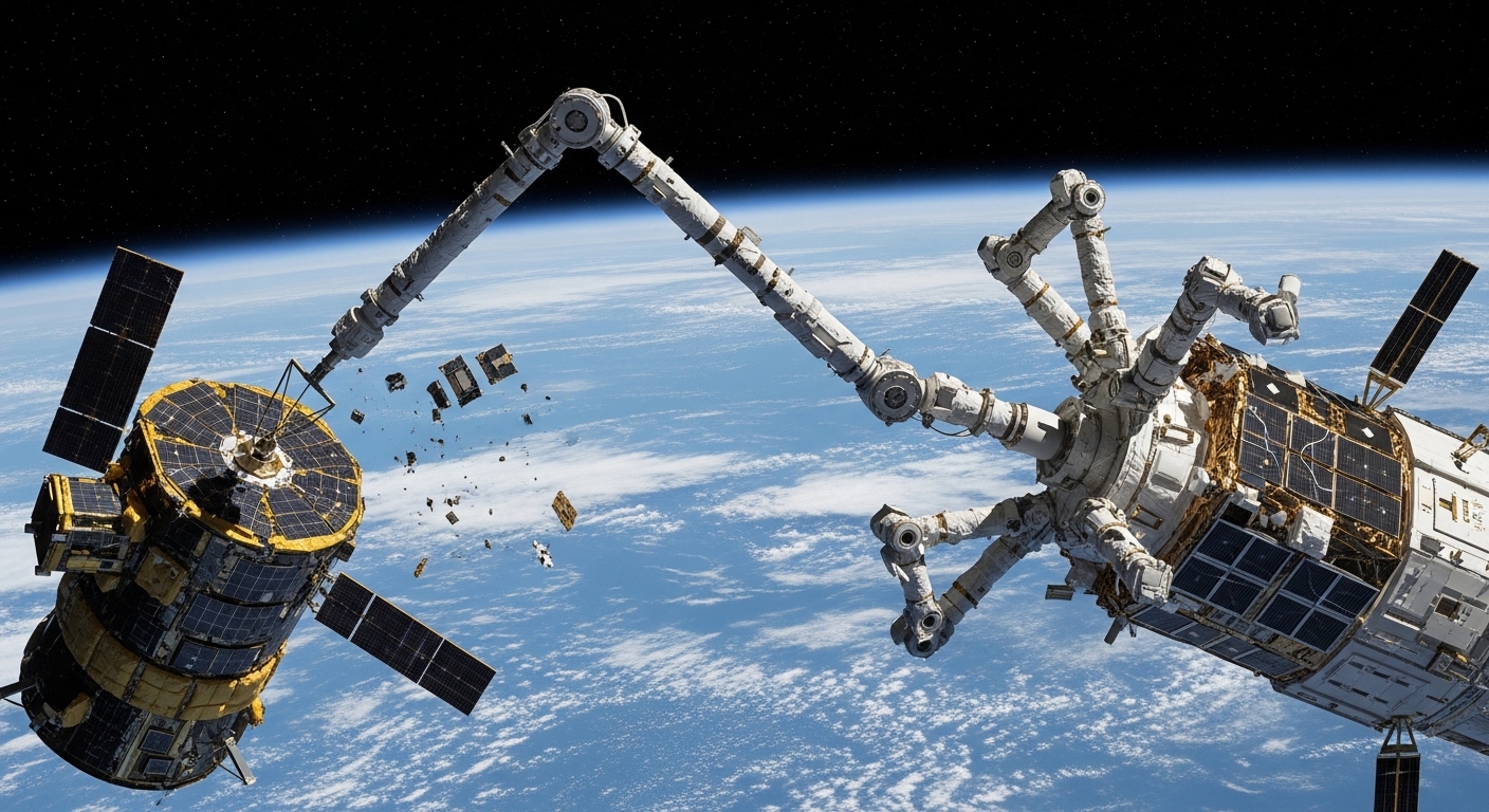 Robotic spacecraft capturing defunct satellite in orbit