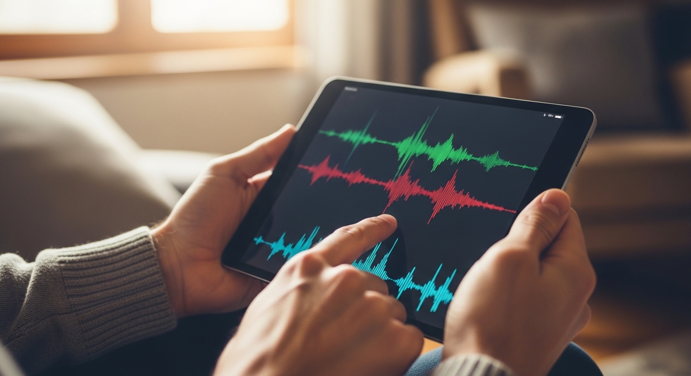 Person using voice synthesis app on tablet at home