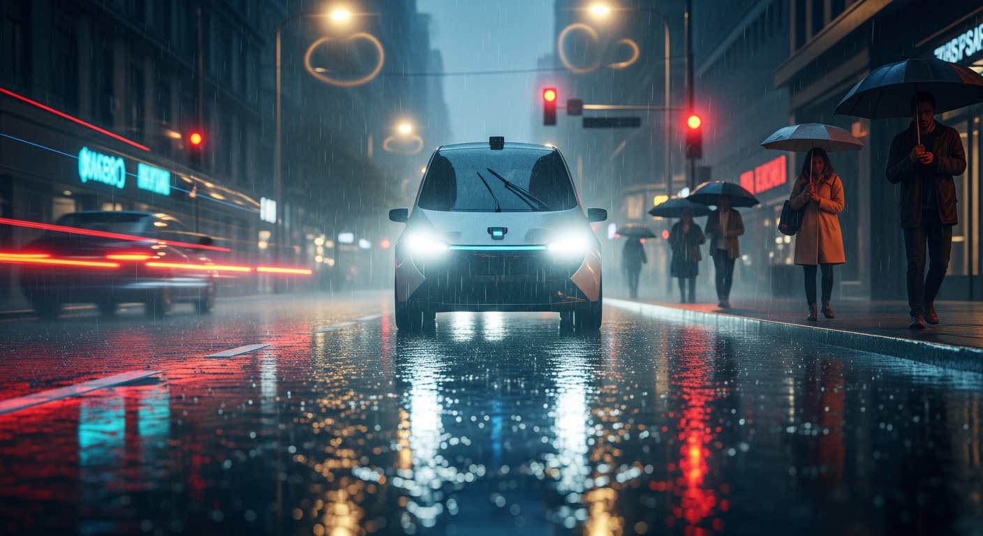 Autonomous vehicle navigating rainy night urban street
