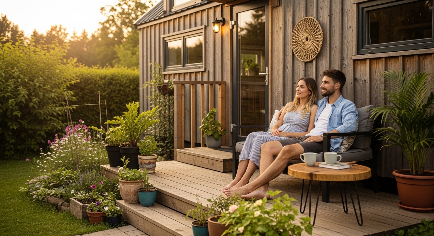 Casal em deck de microcasa ao entardecer