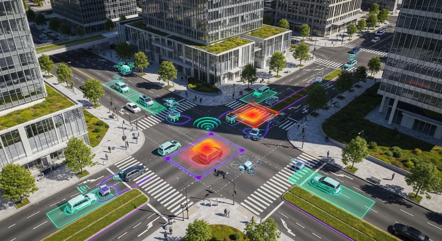Overhead view of autonomous vehicles at smart city intersection