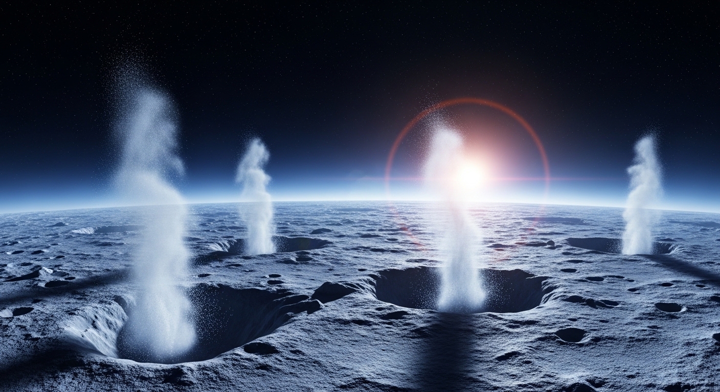 Icy moon surface with geysers erupting into space