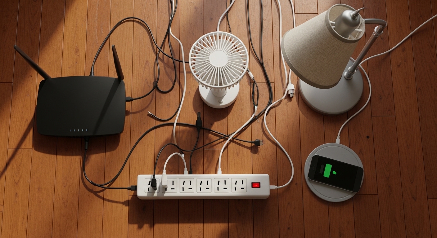 Overhead view of household electronics on power strip