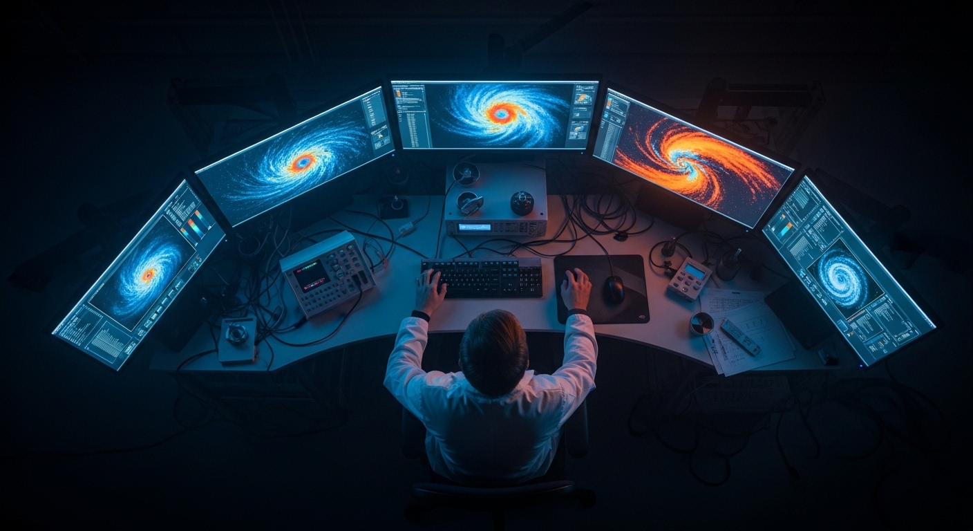 Scientist analyzing planetary atmospheric data on multiple screens