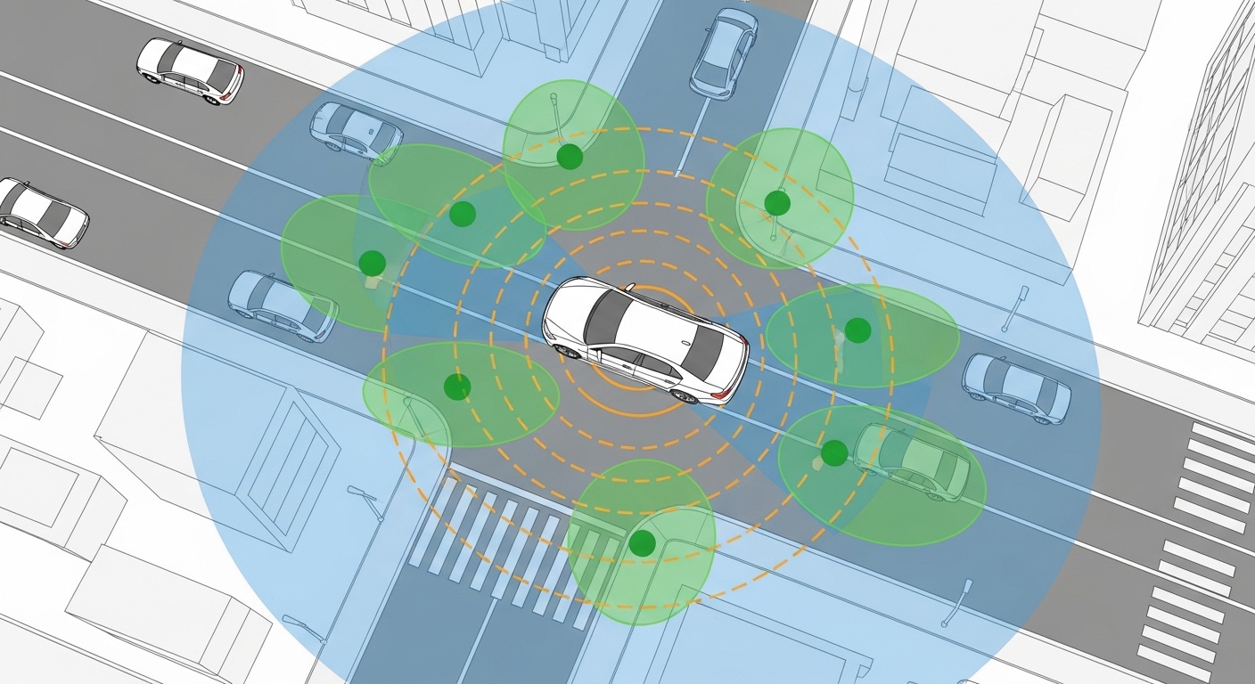 Sensor detection zones diagram around autonomous vehicle