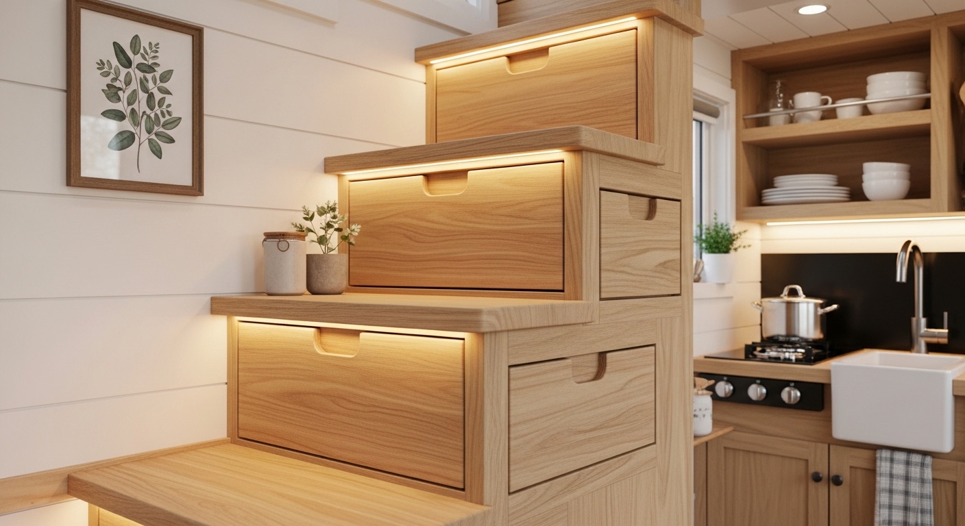 Interior de microcasa com escada e gavetas integradas