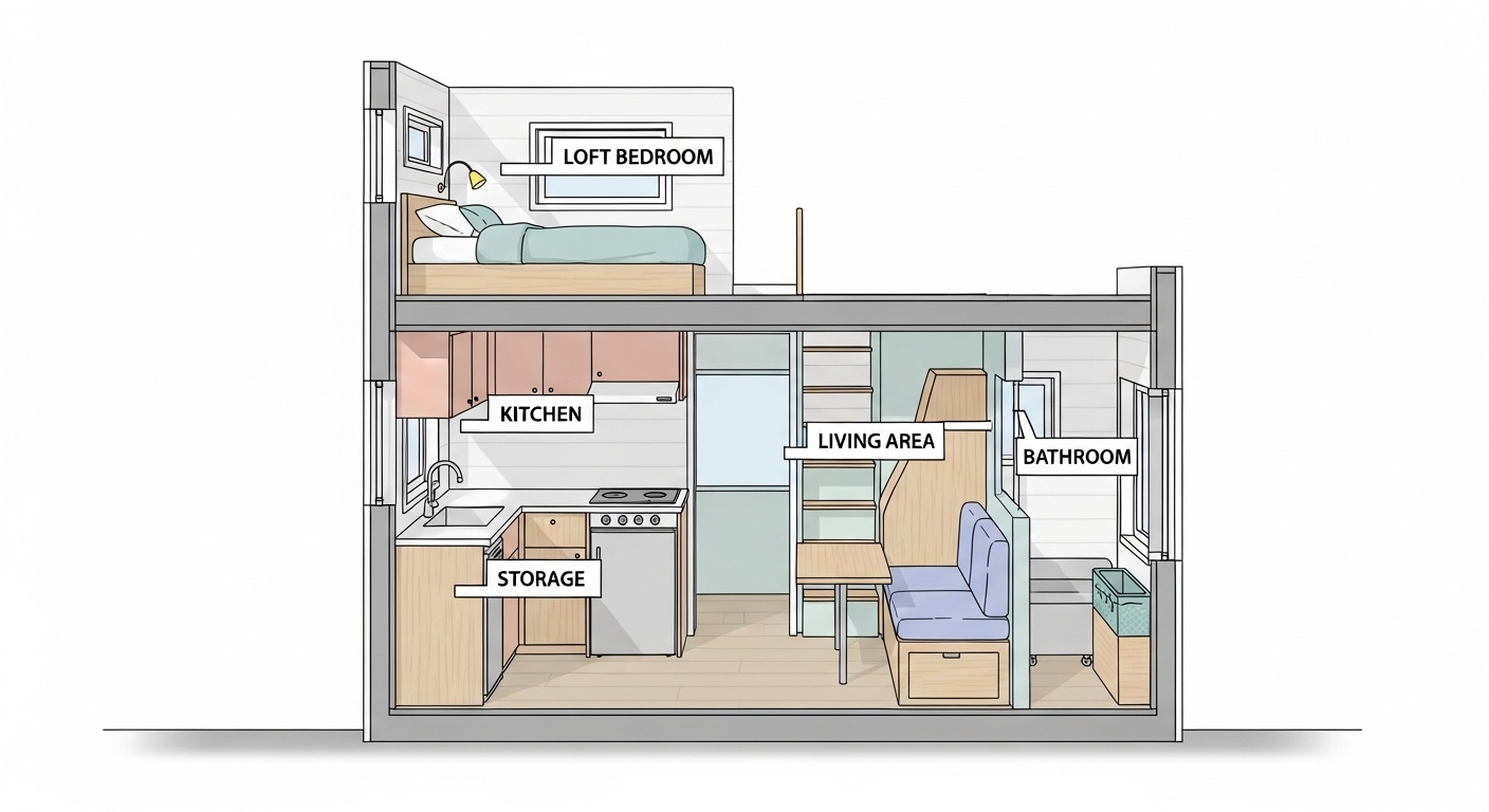 Corte esquemático de microcasa com mezanino