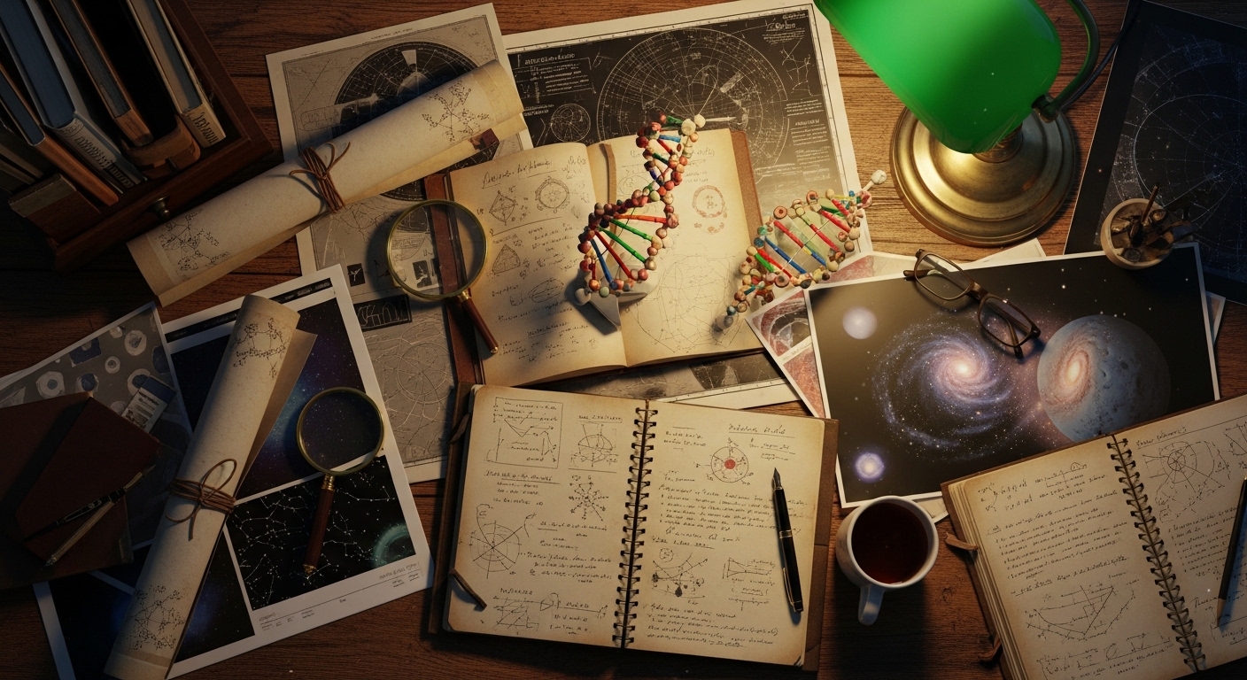 Scientist desk with star charts and equations