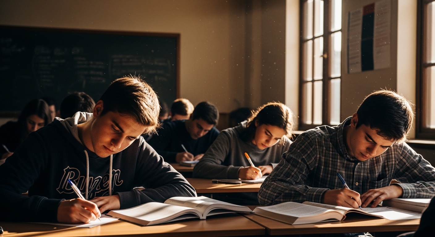 Students writing in a university classroom
