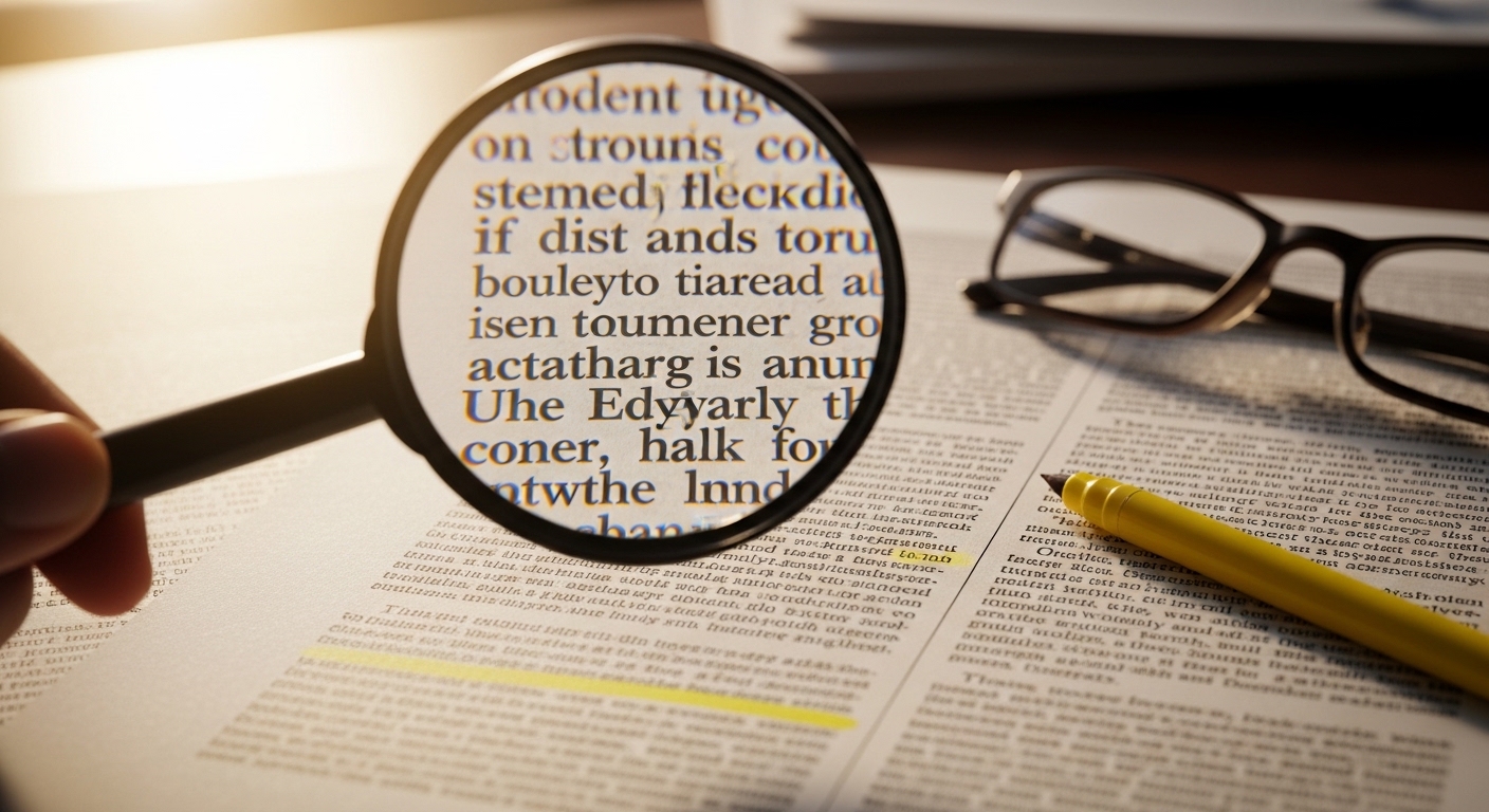 Magnifying glass examining printed text closely