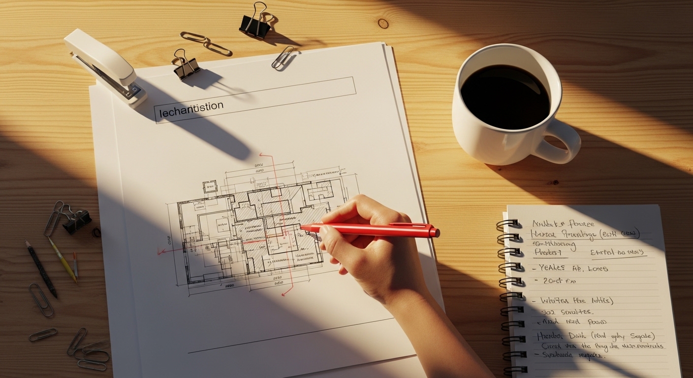 Annotated document with handwritten notes on desk