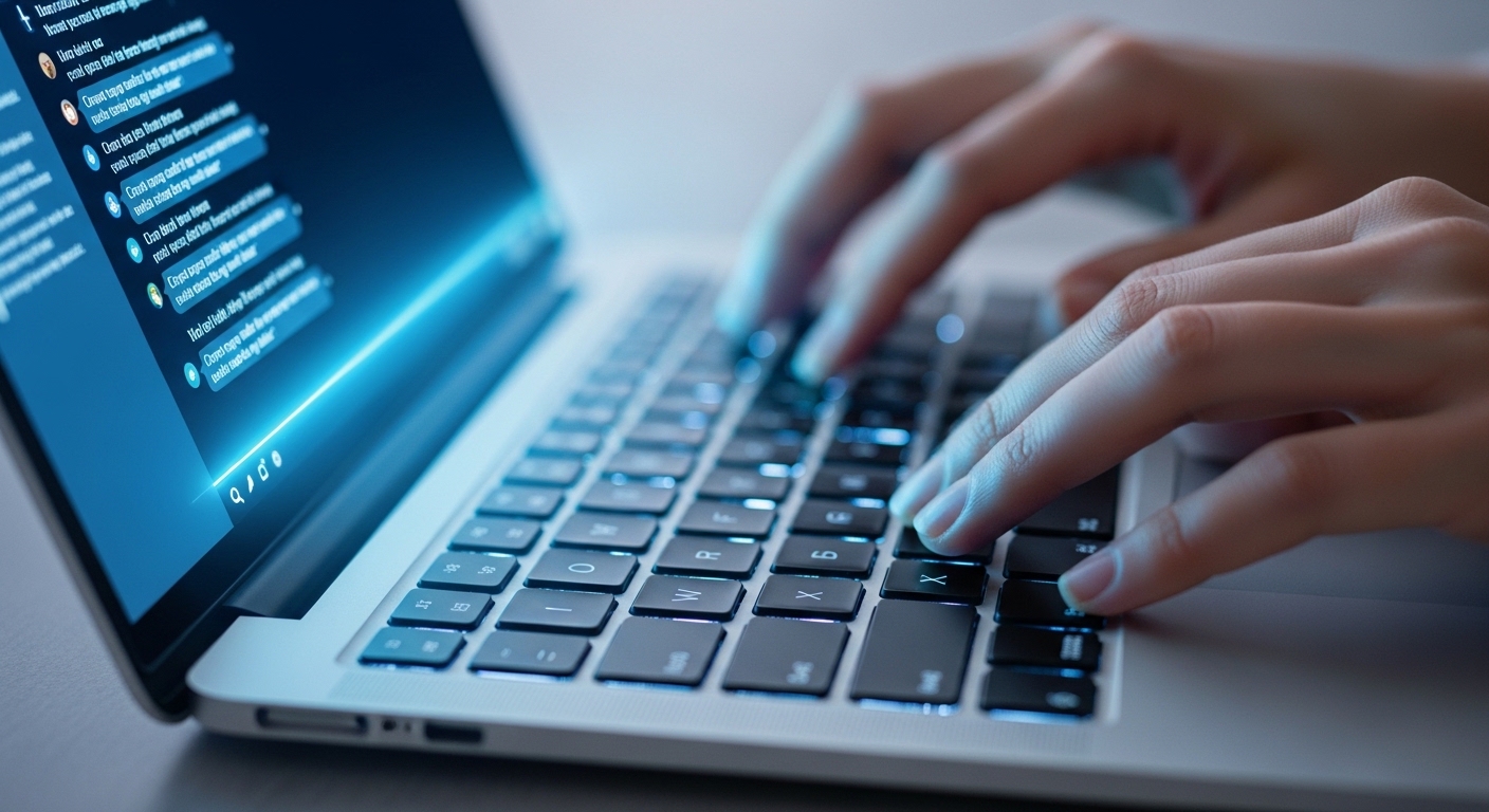 يدان تكتبان على لابتوب مع واجهة ذكاء اصطناعي