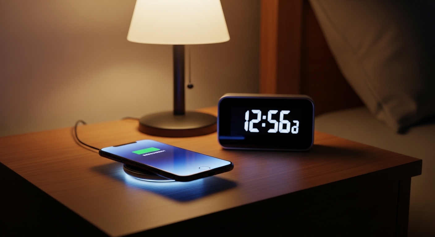 Smartphone on wireless charger on bedroom nightstand at night