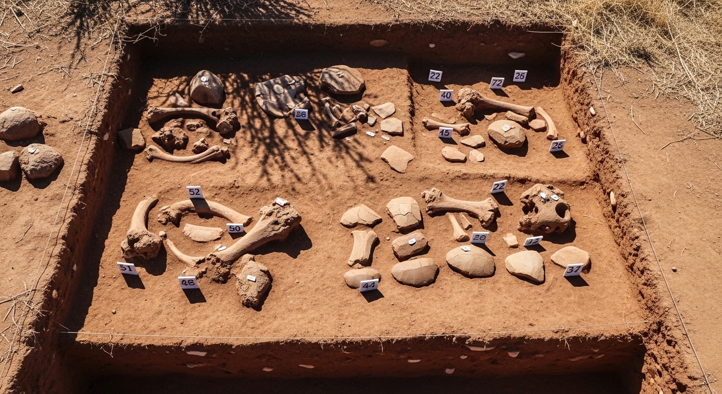 Excavación arqueológica con restos y herramientas neandertales