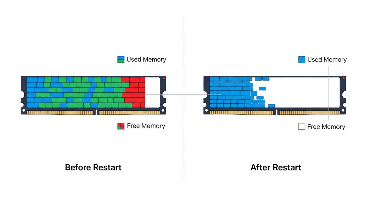 Diagram comparing RAM usage before and after device restart