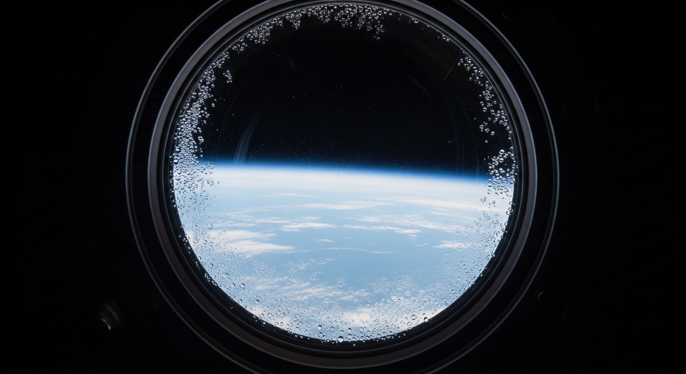 Earth's horizon seen through spacecraft porthole window