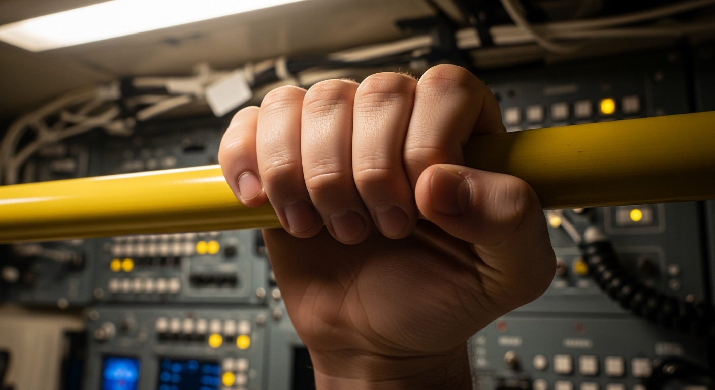 Astronaut hand gripping spacecraft handrail in microgravity