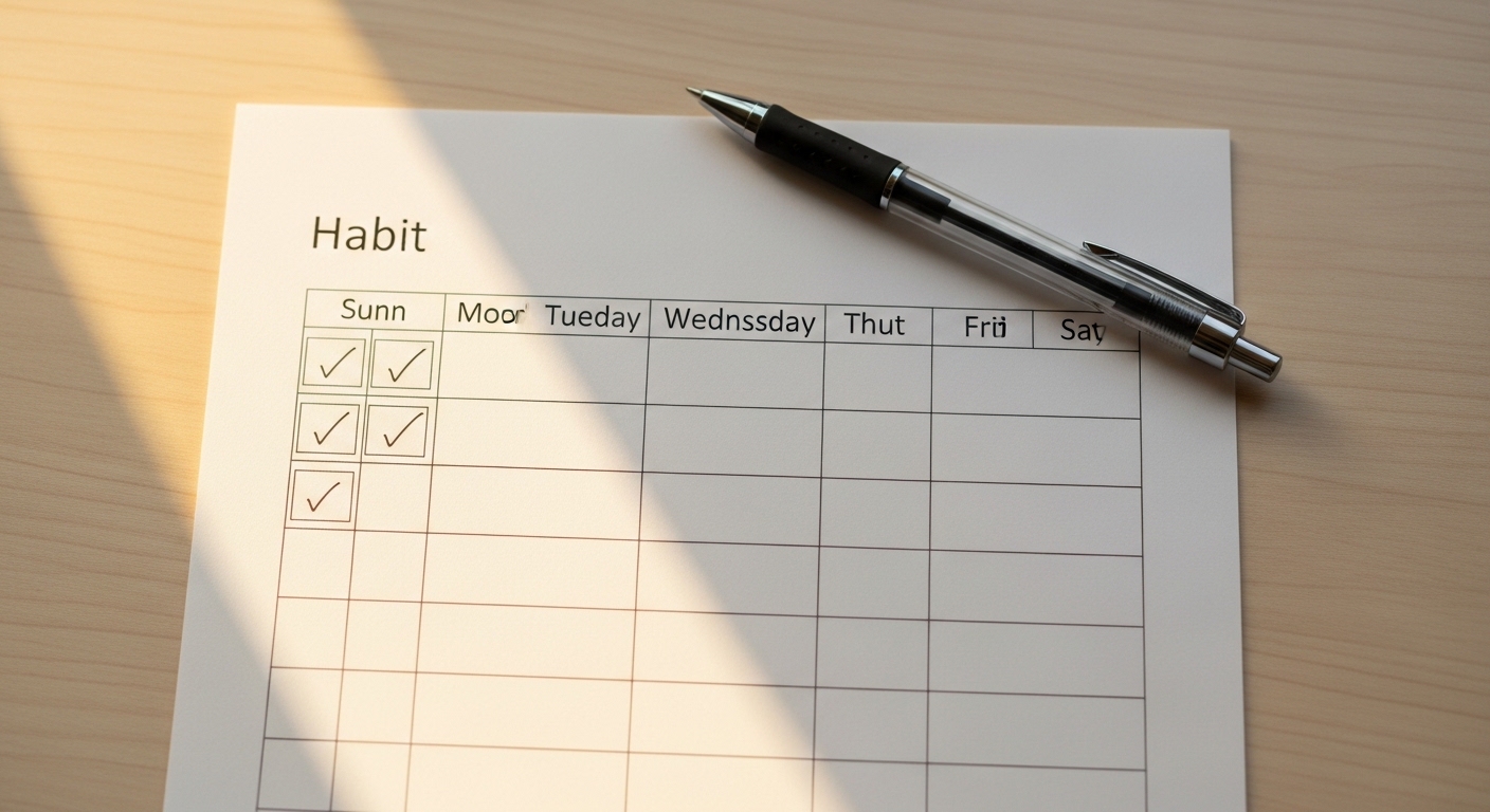 Overhead view of paper habit tracker with checkmarks