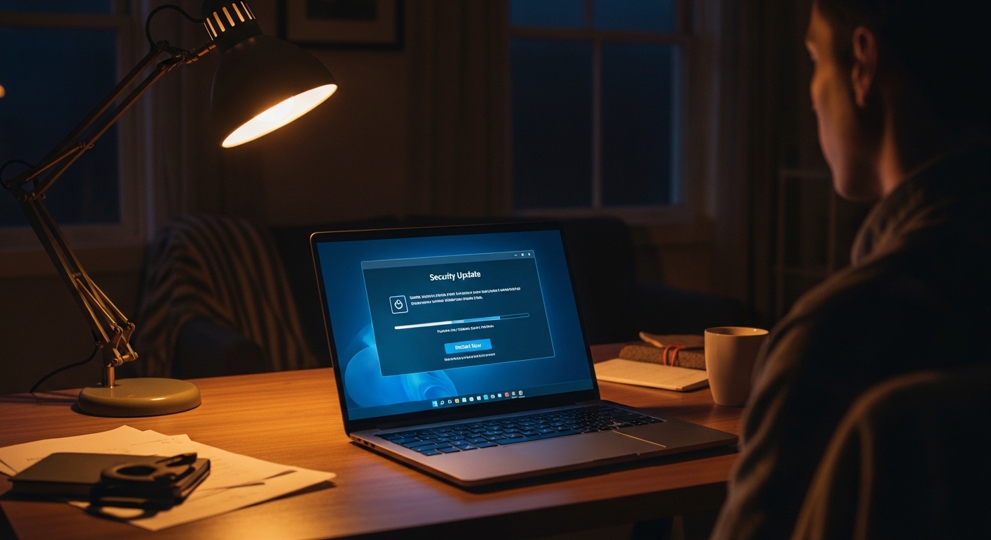 Laptop showing security update notification at night