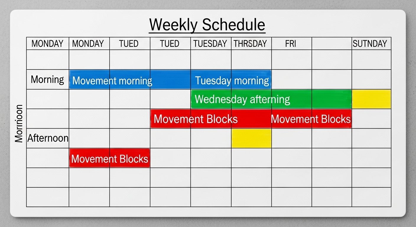 Weekly micro-workout schedule grid on whiteboard